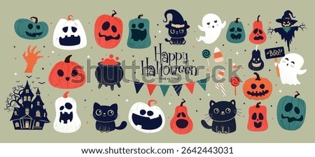 Halloween characters elements clipart set. Happy Halloween text with retro horror cute character clip art like pumpkins, ghost, cat, cauldron and Jack O faces collection in isolated background vector 