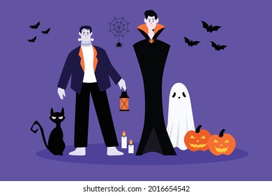 Caracteres y elementos de Halloween. Frankenstein, Drácula, murciélago, fantasma, gato, calabaza, araña. Feliz concepto de Halloween. Dibujo vectorial de dibujos a la manera plana.