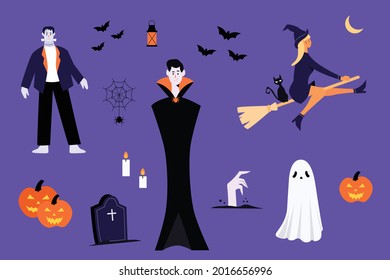 Caracteres y elementos de Halloween. Frankenstein, Drácula, bruja, murciélago, fantasma, gato, calabaza, araña. Feliz Halloween. Truco o trato. Ilustración vectorial estilo plano.