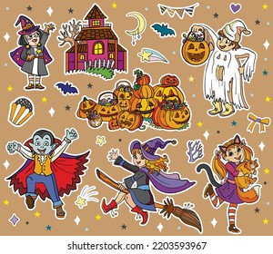 Halloween characters and elements sticker set. Witch, vampire, ghost. Halloween concept. Vector cartoon illustration. For stickers, cards, design, print, scrapbook, t-shirt print and fabric design