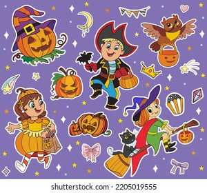 Halloween-Zeichen und Elemente-Aufkleber-Set. Hexe, Kürbis, Pirat. Halloween-Konzept. Vektorgrafik-Illustration. Für Aufkleber, Karten, Design, Druck, Scrapbook, T-Shirt-Druck und Stoffdesign