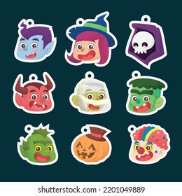 Halloween characters face stickers cartoon hand drawn collection