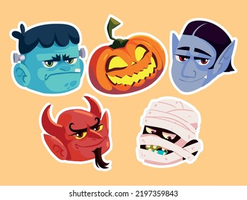 halloween characters faces icon set