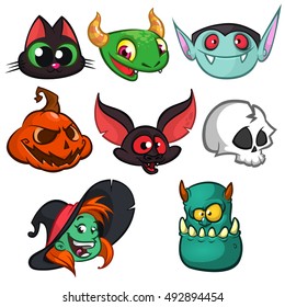 Halloween characters faces set. Bat, witch cat, grim reaper, green monster, witch, vampire and pumpkin 