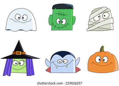 Halloween characters faces set. Ghost, green monster, mummy, witch, vampire and pumpkin 