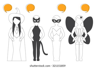 Halloween Characters with fairy costumes. Halloween party. Vector Illustration. Isolated on a white. Speech bubbles.