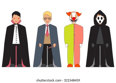 Halloween Characters with fairy costumes. Halloween party. Vector Illustration. Isolated on a white. 