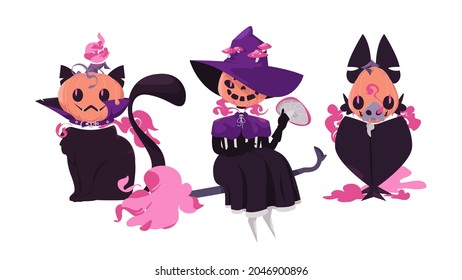 Halloween characters. Fantastic creatures with pumpkin heads. Witch, black cat and bat.