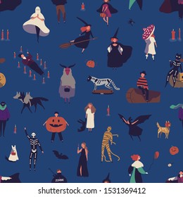 Halloween characters flat vector seamless pattern. Traditional autumn holiday decorative texture. People in spooky costumes cartoon illustration. Festive wrapping paper, wallpaper, textile design.