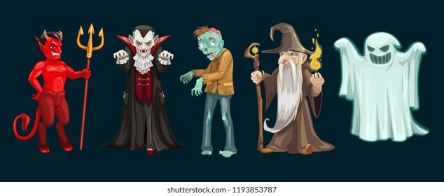 Personajes de Halloween de fantasmas, vampiros y zombis, diablo, dracula y mago. Octubre noche de horror monstruos aterradores y bestias malvadas, diseño de trucos o temas de tratar