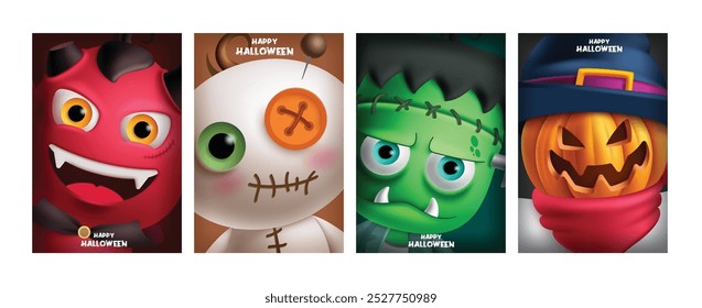 Diseño de póster de Vector de tarjeta de felicitación de personajes de Halloween. Feliz halloween con demonio, momia, zombi y espantapájaros lindo personaje para truco o trato de colección de tarjeta de invitación de fiesta. Ilustración vectorial