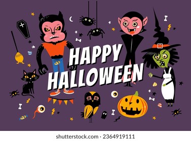 Halloween characters greeting card. Werewolf, spiders, vampire, scary face pumpkin head, witch, black cat, owl and festive elements on dark purple background.