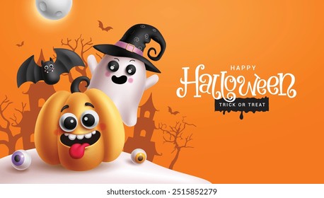 Personajes de Halloween saludando diseño de Vector. Feliz halloween y texto de truco o trato con linda calabaza y fantasma amigable en fondo de noche naranja. Diseño de tarjeta de fiesta de horror de Ilustración vectorial. 
