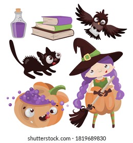HALLOWEEN CHARACTERS Hand Drawn Flat Design Cartoon Clip Art Magic Horror Holiday Vector Illustration Set For Print