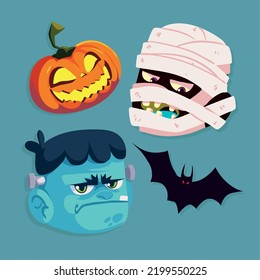 cabezas de personajes de halloween y murciélago, iconos