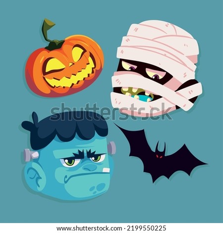 halloween characters heads and bat, icons