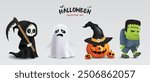 Halloween characters horror vector set design. Halloween character like grim reaper, ghost, pumpkin and Frankenstein. Vector illustration party costume character collection.