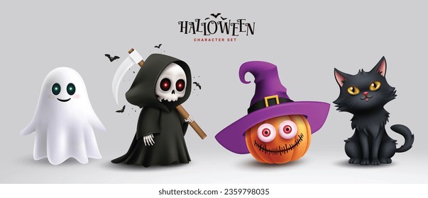 Halloween characters horror vector set design. Halloween character like grim reaper, ghost, pumpkin and cute cat mascot cartoon. Vector illustration party costume character collection.
