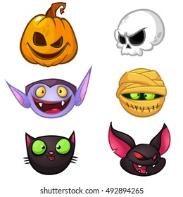 Halloween characters icon set. Cartoon heads of pumpkin, death, vampire, mummy, witch cat, bat