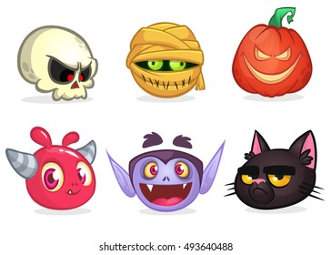 Halloween characters icon set. Cartoon heads of skull, mummy, pumpkin head, pink monster, vampire, witch cat