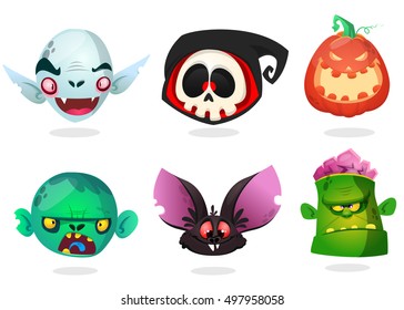 Halloween characters icon set. Cartoon heads of grim reaper,black bat, pumpkin Jack o lantern, zombie, vampire dracula.