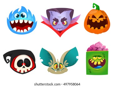 Halloween characters icon set. Cartoon head avatars of pumpkin Jack o lantern, zombie, vampire, dracula, skull, bat and furry monster.