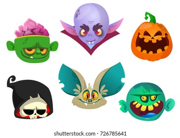 Halloween characters icon set. Cartoon heads of grim reaper, bat, pumpkin Jack o lantern, zombie, vampire. Vector isolated