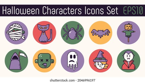 Halloween characters icon set. Isolated color vector illustration. Linear flat style