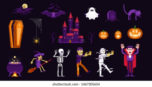 Halloween characters and icons set in cartoon style. Vampire, zombie, mummy and other monsters to celebrate Halloween.