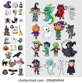 Halloween characters and icons set. Hand drawn doodle vector illustrations