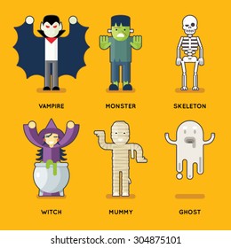 Halloween Characters Icons Set Stylish Party Roles Background Flat Design Greeting Card Template Vector Illustration