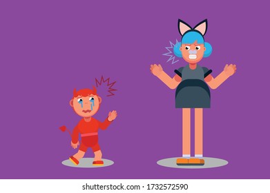 Halloween characters - An illustration of an angry girl and a crying kid. Halloween costumes. This character illustration can use as a sticker also.