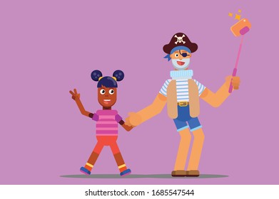 Halloween characters - An illustration of a boy get dressed in a pirate costume take a photo with a little kid. This character illustration can use as a sticker also.
