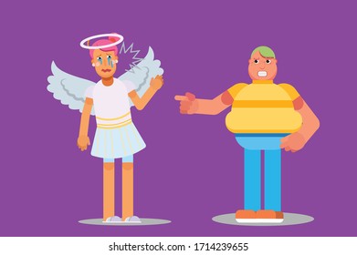Halloween characters - An illustration of a fat kid yelling at a girl in an angel costume. This character illustration can use as a sticker also.
