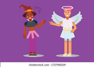 Halloween characters - An illustration of a girl bully her friend. Halloween costumes. Bad Characters.