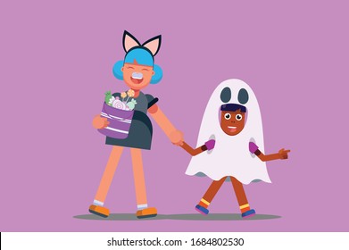 Halloween characters - An illustration of a girl with a cat dress and a little girl wearing a ghost costume. This character illustration can use as a sticker also.