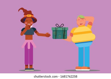 Halloween characters - An illustration of a girl wearing a witch costume given a gift by a shy boy. This character illustration can use as a sticker also.