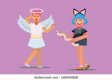 Halloween characters - An illustration of a girl wearing a cat dress scares her friend with a toy snake. This character illustration can use as a sticker also.