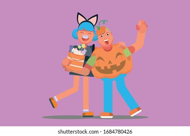Halloween characters - An illustration of happy kids wearing Halloween costumes embrace each other. This character illustration can use as a sticker also.