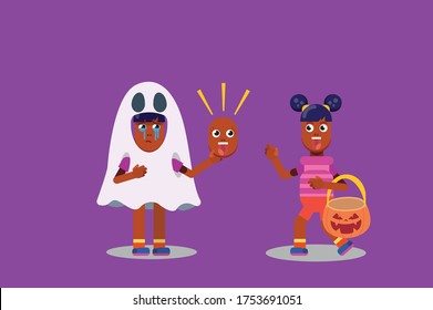 Halloween characters - An illustration of a happy twin and a sad twin with a ghost costume. This character illustration can use as a sticker also.