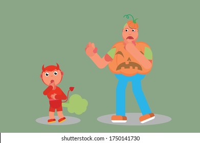 Halloween characters - An illustration of a little boy wearing a devil costume and a fat boy. This character illustration can use as a sticker also.