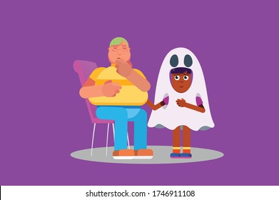 Halloween characters - An illustration of a little girl with a ghost costume help her sad friend. This character illustration can use as a sticker also.