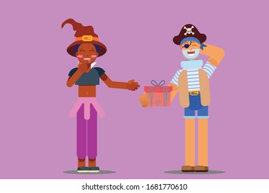 Halloween characters - An illustration of a pirate giving a present to a girl wearing a witch costume. This character illustration can use as a sticker also.