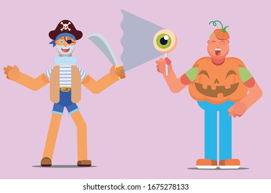 Halloween characters - An illustration of a pirate hypnotized by a fat boy wearing a pumpkin costume. This character illustration can use as a sticker also.