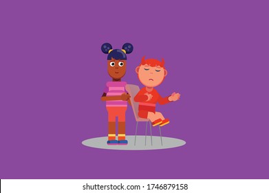 Personajes de Halloween - Una ilustración de un triste diablo y una niña. Esta ilustración de carácter también puede utilizarse como pegatina.