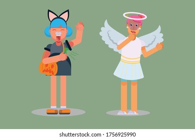 Halloween characters - An illustration of a stinky girl with a cat costume and a girl with an angel costume. This character illustration can use as a sticker also.