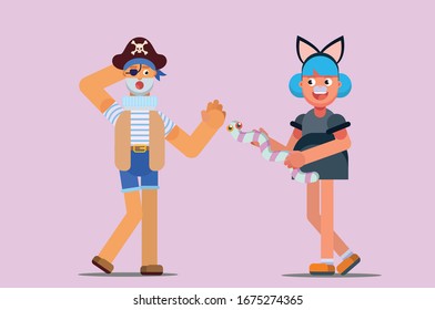 Halloween characters - An illustration of a unique girl give a snake to a boy wearing a pirate costume. This character illustration can use as a sticker also.