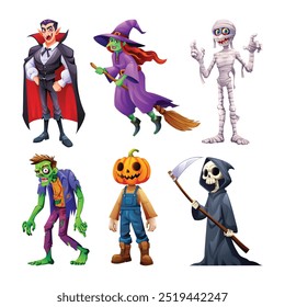 Personagens de Halloween, incluindo vampiro, bruxa na vassoura, múmia, ceifadora, zumbi e espantalho de abóbora. Ilustração de desenho animado vetorial