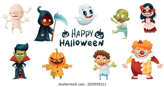 Halloween Characters with Jack o Lantern and Death with Scythe as Holiday Symbol Vector Set