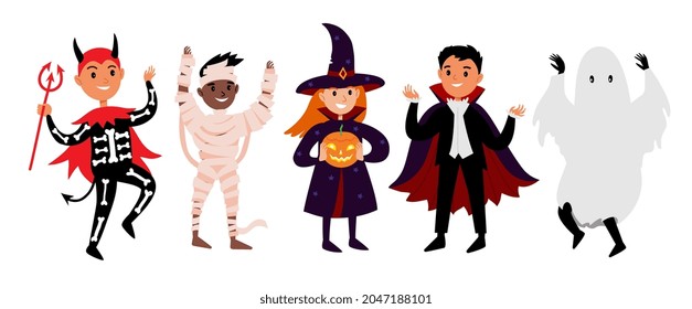 Personajes de Halloween de niños pequeños con disfraces festivos de momia, bruja, calabaza, fantasma. Ilustración vectorial de personajes diversos en ropa de halloween al estilo de dibujos animados planos aislados en blanco